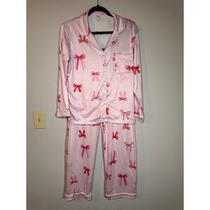 Umeyda Pink Bow Print Pajama Set XS Long Sleeve Button Down Coquette Sleepwear